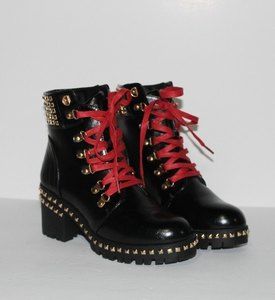 Black Combat Studded Boots Jolimall Size 8 Women's Red Wax Laces LN Worn Once